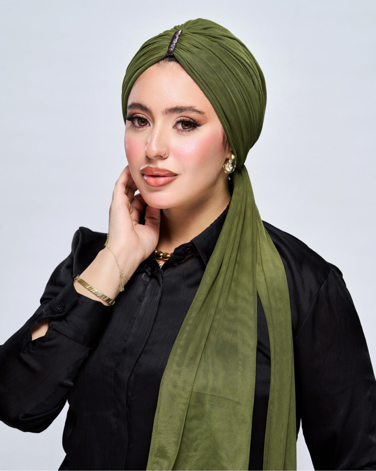 Mesh Turban Hijab - Olive front view