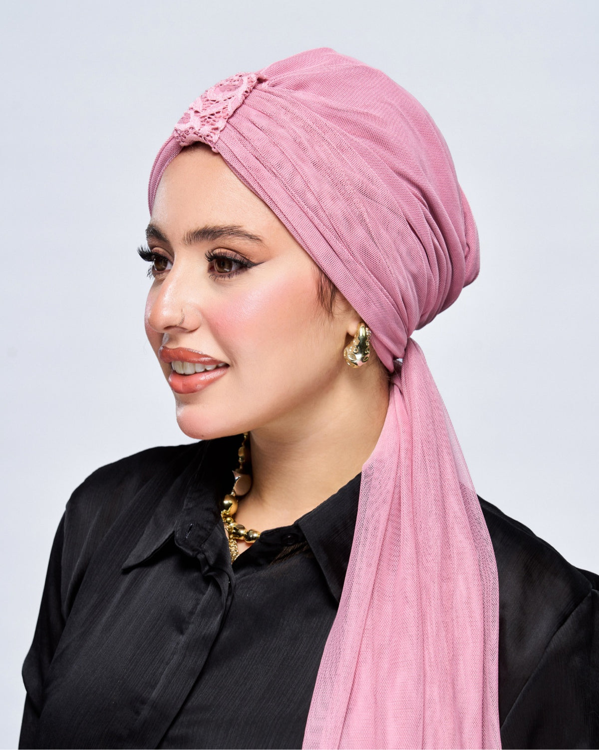 Mesh Turban Hijab - Pink side view
