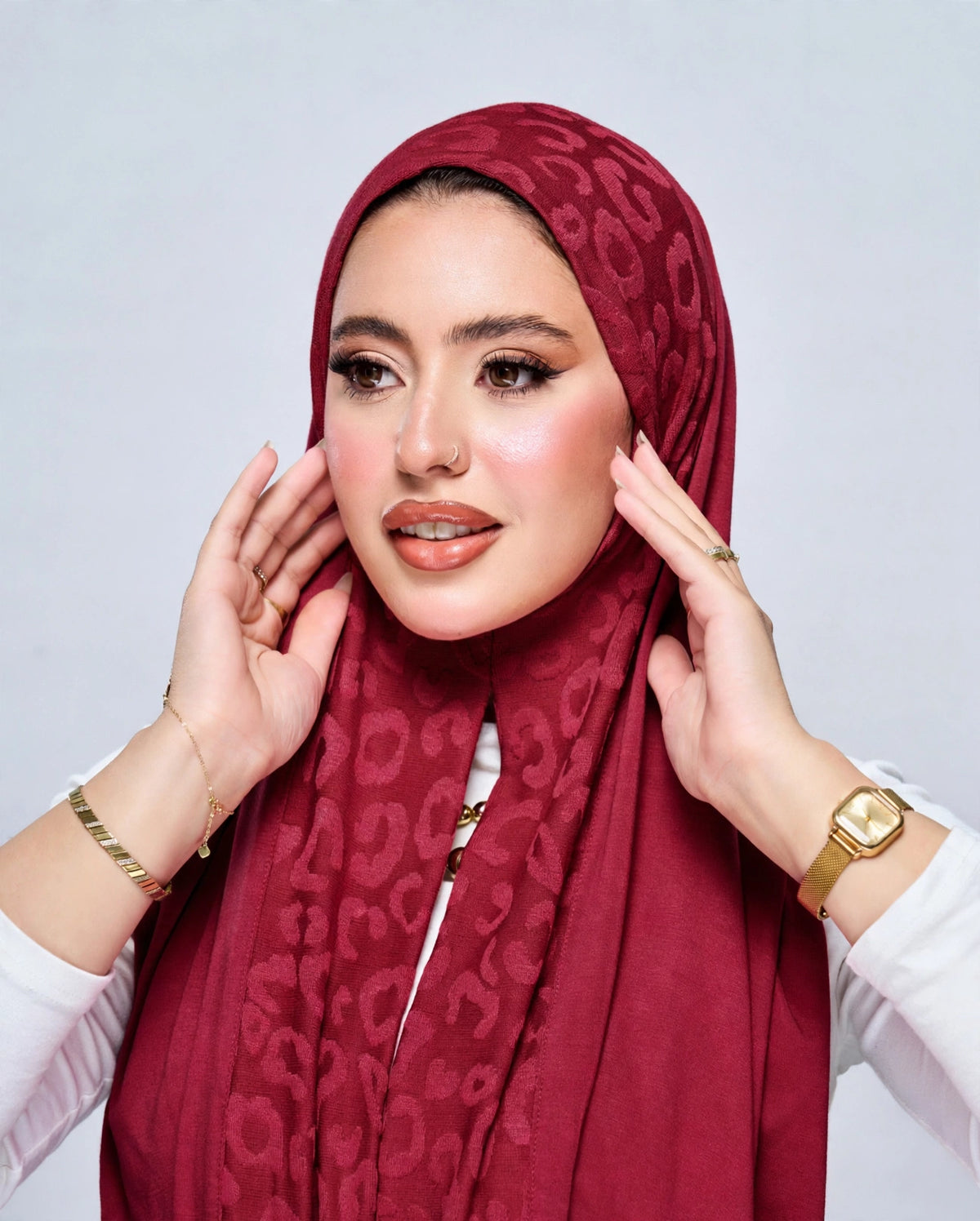 Pre-Sewn Jersey Leopard Hijab - Deep Red