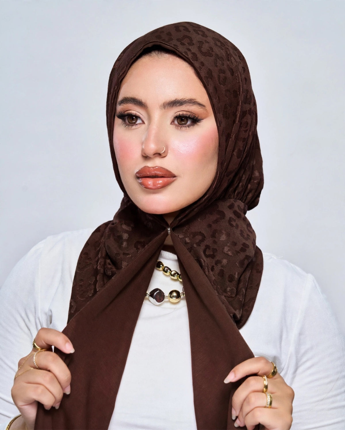Duo Pin Leopard Hijab - Chocolate Brown
