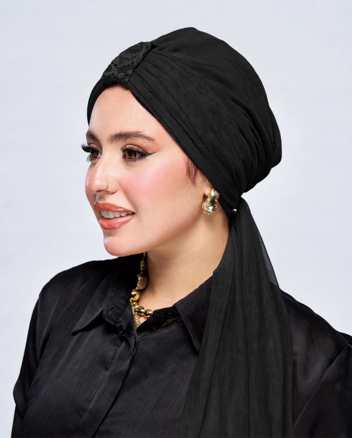 Mesh Turban Hijab - Black side view