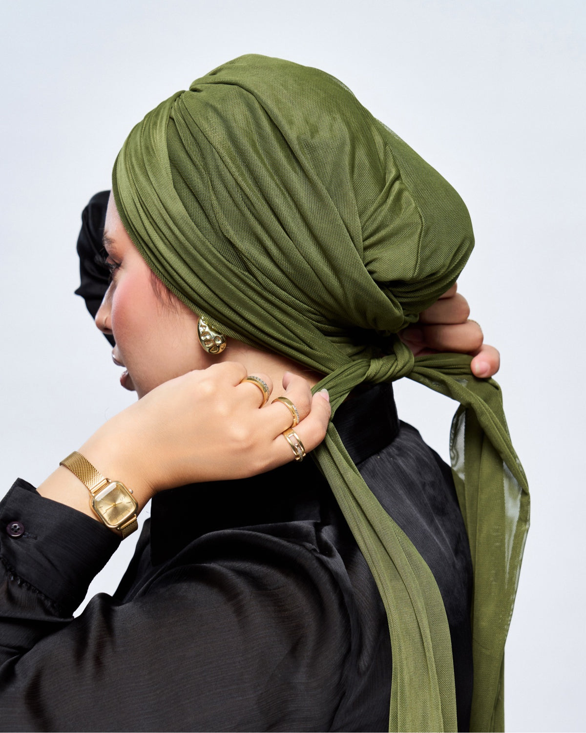 Mesh Turban Hijab - Olive back view