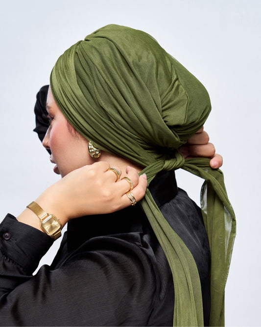 Mesh Turban Hijab - Olive back view