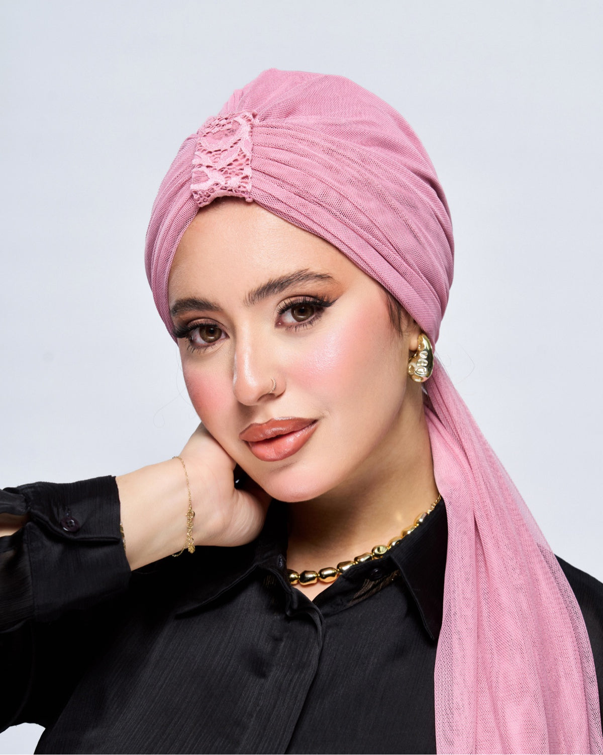 Mesh Turban Hijab - Pink front view