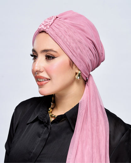 Mesh Turban Hijab - Pink side view
