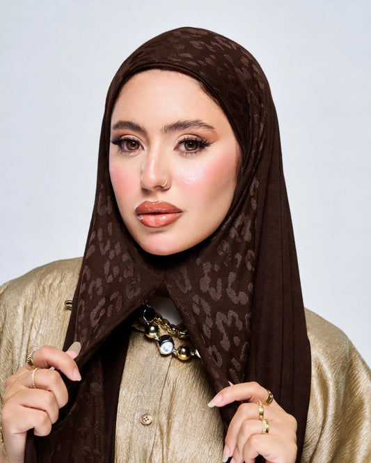 Pre-Sewn Jersey Leopard Hijab - Chocolate Brown