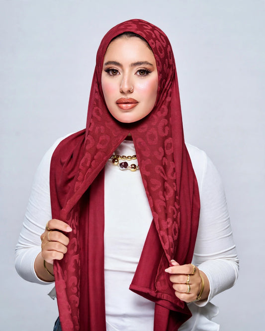 Pre-Sewn Jersey Leopard Hijab - Deep Red