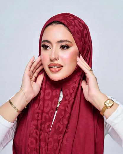 Pre-Sewn Jersey Leopard Hijab - Deep Red