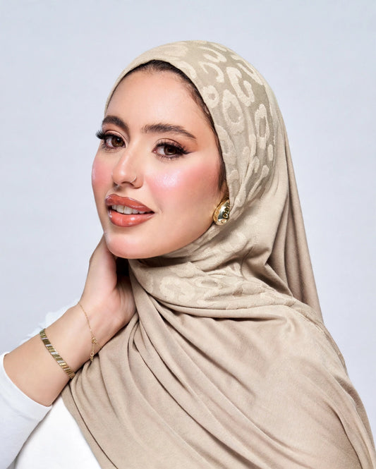 Pre-Sewn Jersey Leopard Hijab - Light Beige
